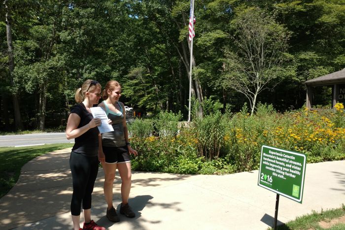 Park Visitors interact with sign