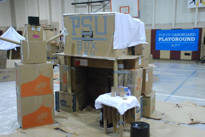 Cardboard box fort and snowman