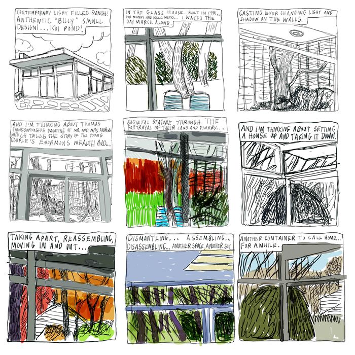 A comic strip depicting a glass house.