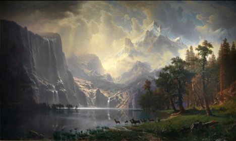 painting of trees and mountains and lake