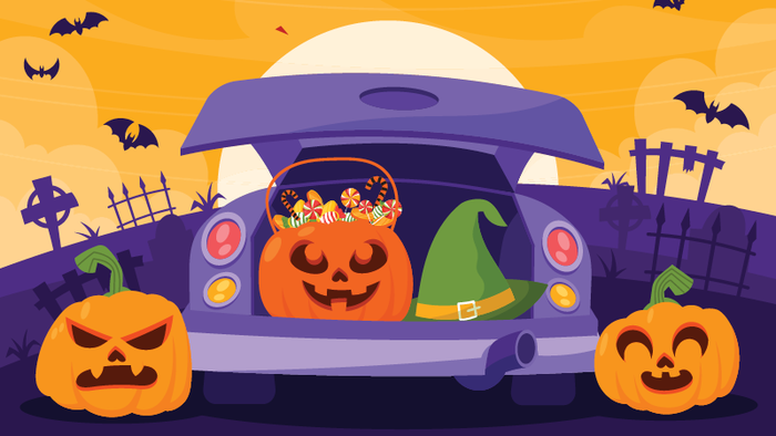 Animated car in a grave yard with trunk open with pumpkins and candy
