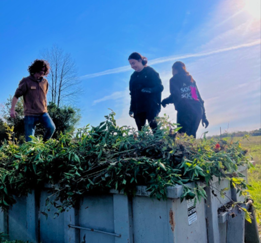 Three students in a dumpster with plants