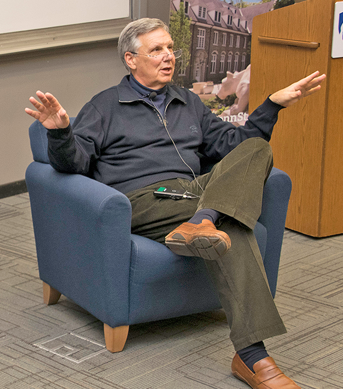 Taub speaking in chair at Penn State Abington (near Philadelphia)