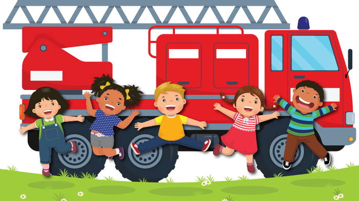 Animated graphic of children in front of firetruck 