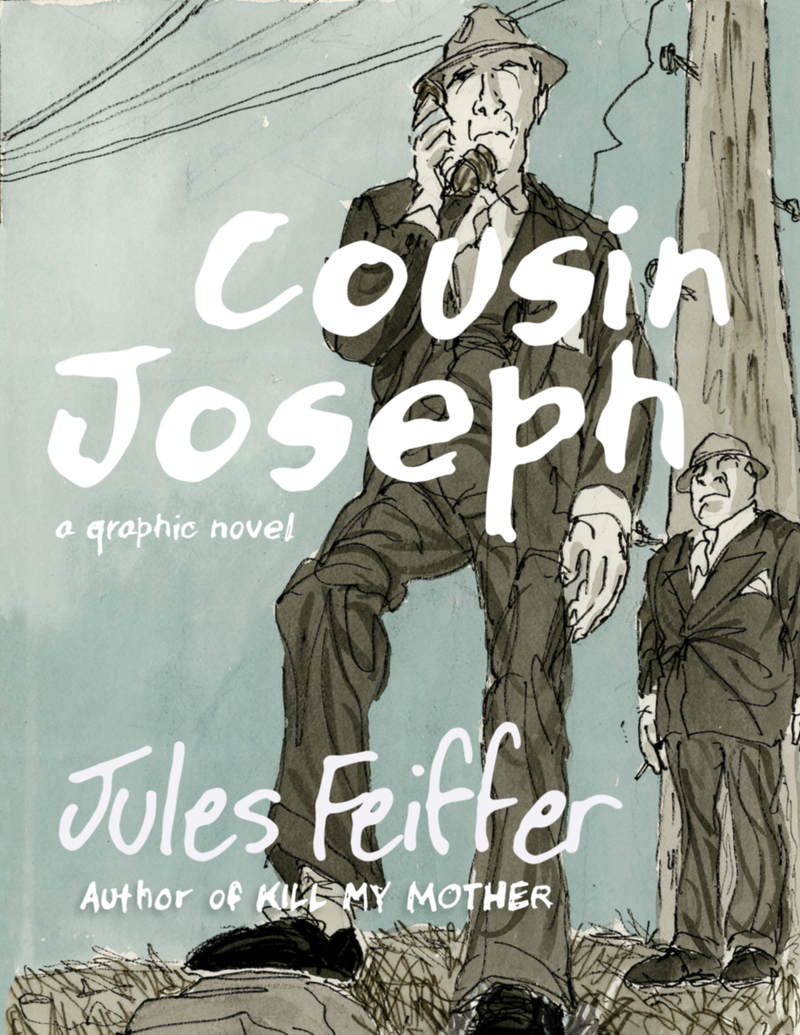 book cover drawing of man in dark suit, dress hat, standing and holding wired telephone receiver connected to telephone pole, second man in dark suit and hat standing in background, smoking cigarette