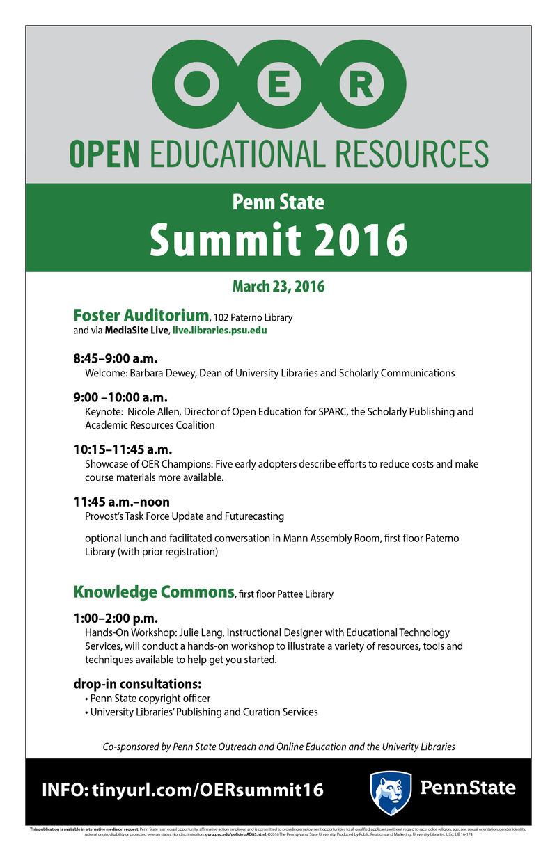 green and black vertical sign with agenda listed for Penn State Open Educational Resources Summit on March 23, 2016