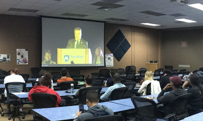 Students at Penn State Schuylkill watching the All In at Penn State livestream broadcast