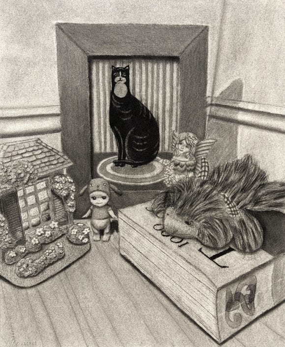 Still life with cat in charcoal