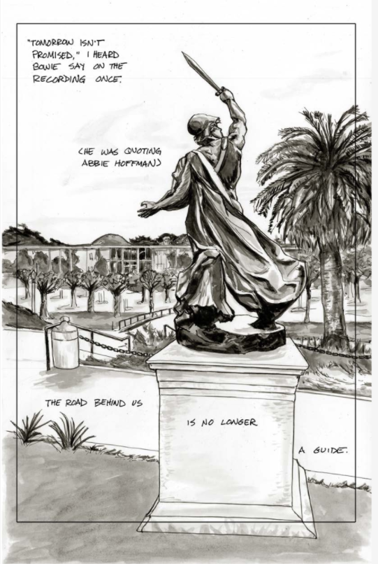 comic of statue in an empty park