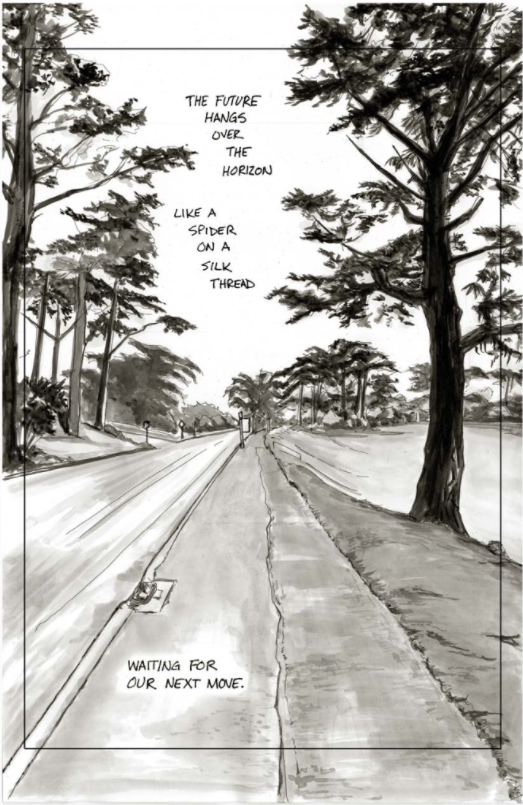 comic of an empty, tree-lined street
