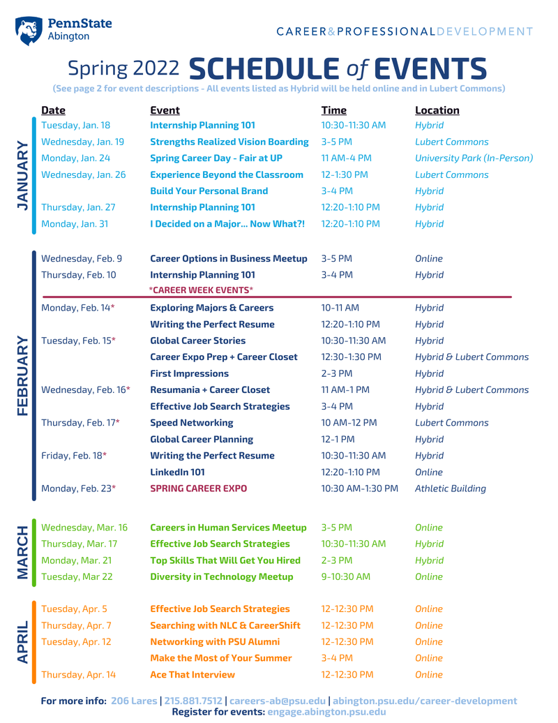 Swarthmore Spring 2022 Calendar Career And Professional Development Spring 2022 Calendar Of Events | Penn  State Abington