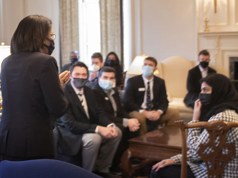 Neely Bendapudi, in the foreground, addresses a group of Penn State student leaders.