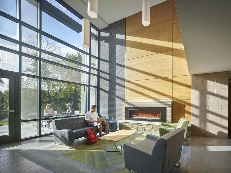 Penn State Abington Lions Gate first floor lounge with fireplace near Philadelphia