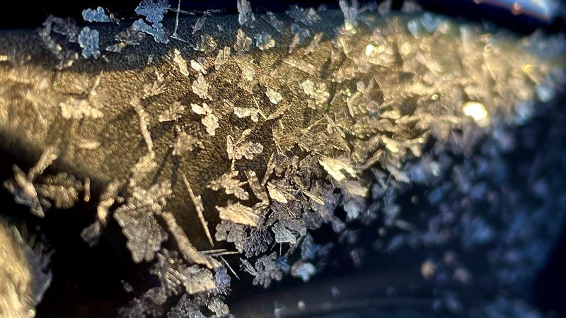 A closeup picture of icy snowflakes
