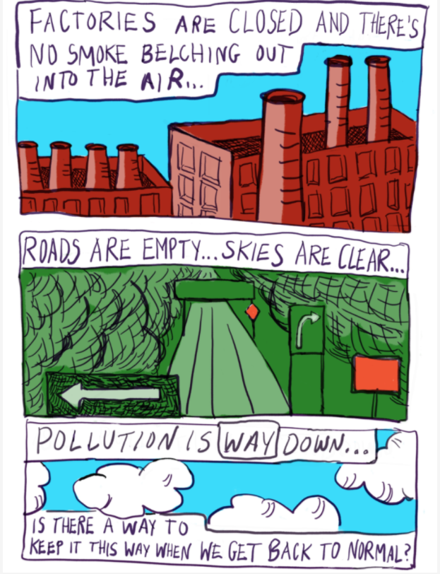 comic of cleaner environment during covid