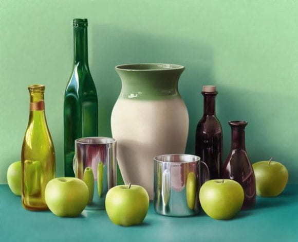 Still life of apples, bottles, vases