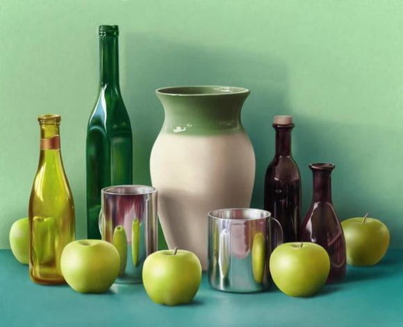 still life with apples, bottles