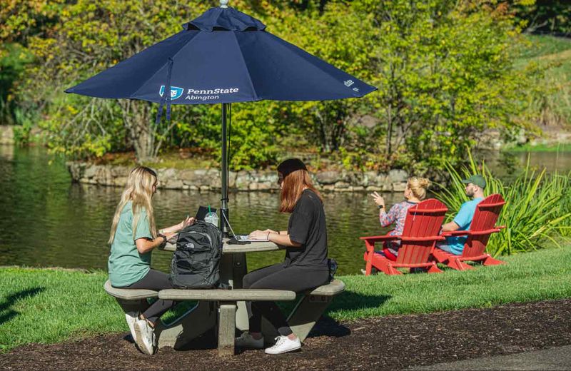 Students by pond