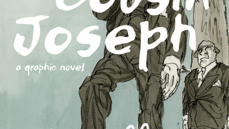 book cover drawing of man in dark suit, dress hat, standing and holding wired telephone receiver connected to telephone pole, second man in dark suit and hat standing in background, smoking cigarette