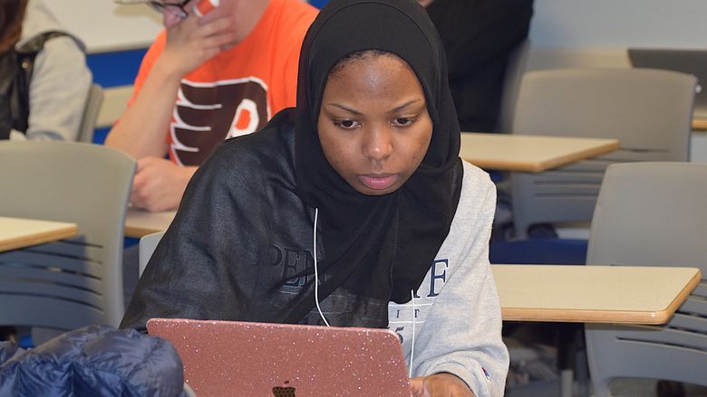 Abington student at laptop