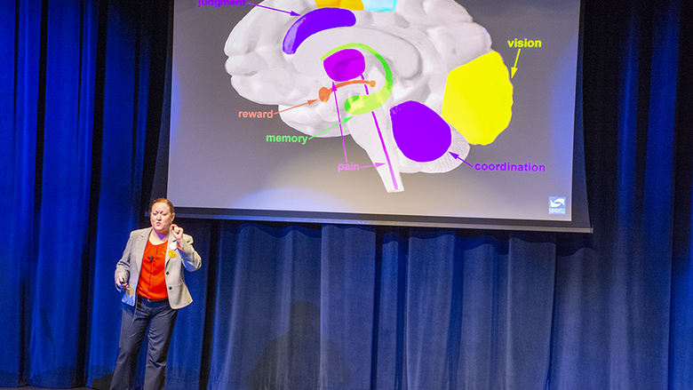 Dr. Gillian Beauchamp stands on stage in front of a projector slide identifying various areas of the brain triggered by addiction.