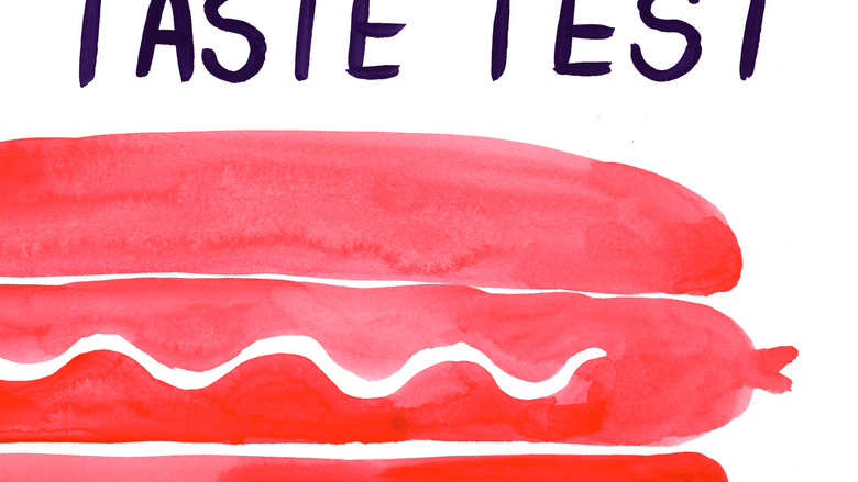 book cover watercolor graphic of red hot dog in red bun, black handpainted words Hot Dog Taste Test, Lisa Hanawalt