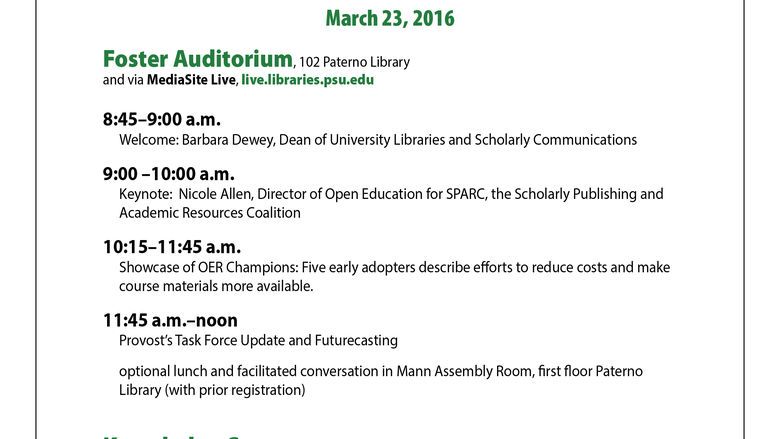 green and black vertical sign with agenda listed for Penn State Open Educational Resources Summit on March 23, 2016