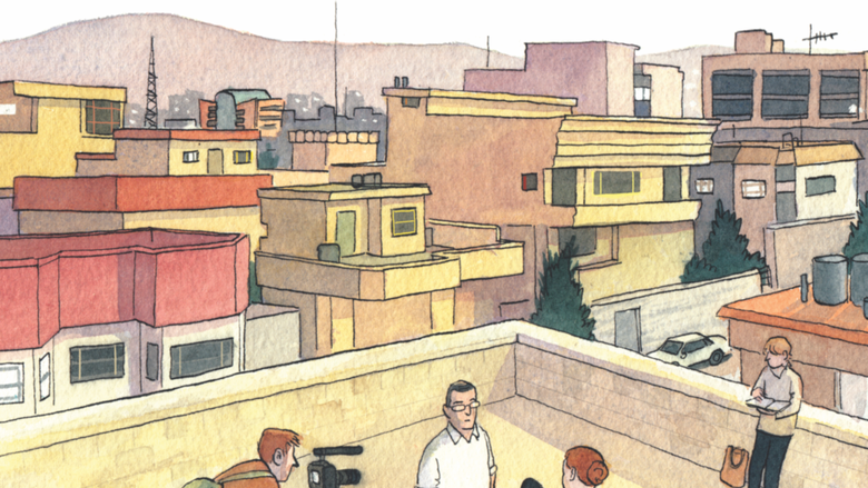 illustrated book cover of graphic novel titled "Rolling Blackouts: Dispatches from Turkey, Syria, and Iraq," drawing of man on flat building roof being interviewed on camera by female reporter and male videographer, city buildings, mountain in background