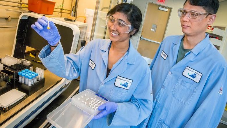 Gurunathan in the lab at Lawrence Berkeley National Lab in Berkeley, California, as part of her summer research internship. 