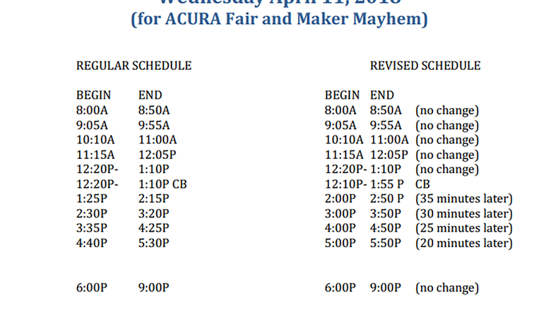 Revised Schedule for Acura Fair April 11th