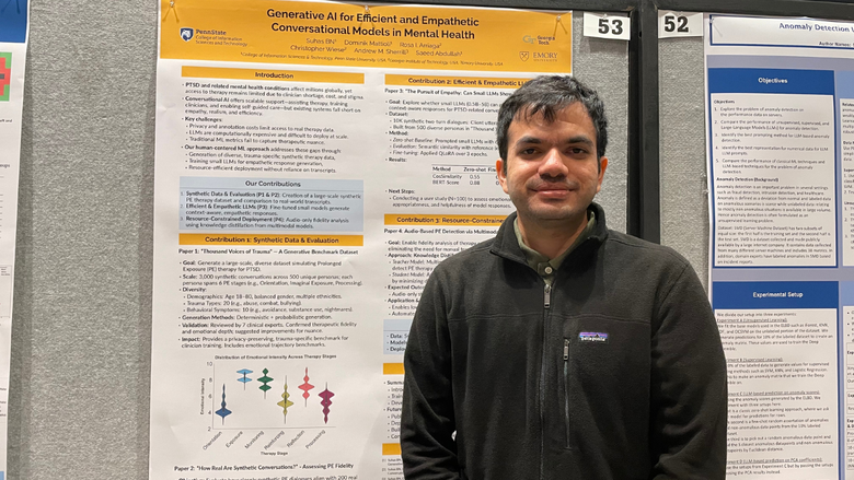 Suhas Bettapalli Nagaraj, fourth-year doctoral student, stands in front of his poster at the AI Week Poster Session.