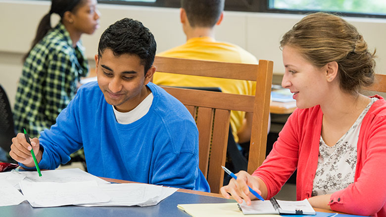 two students studying in library