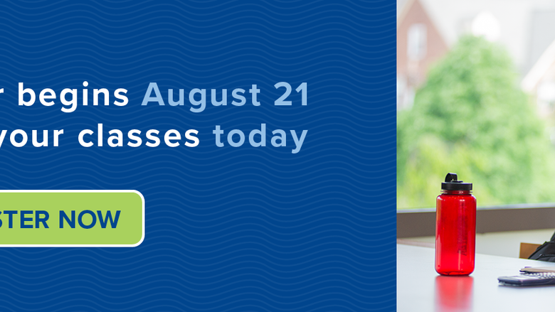 Register for Classes- Fall 2023 Banner with student looking at Ipad