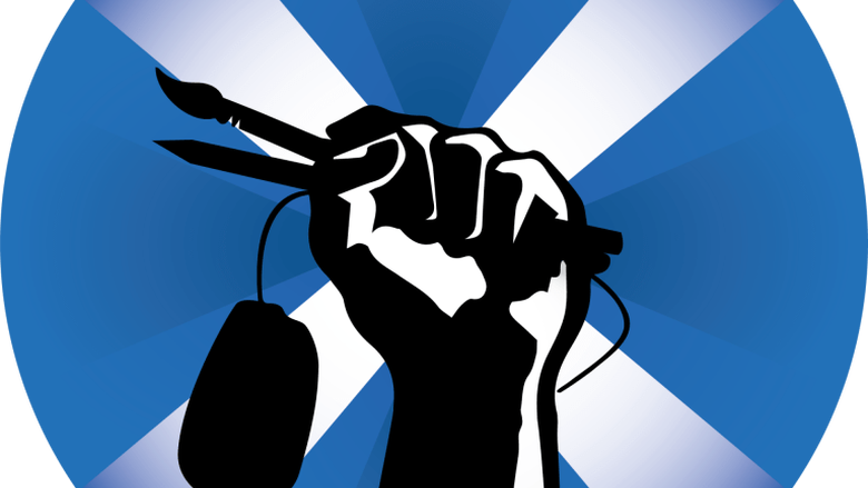 black fist with a mouse and, blue background
