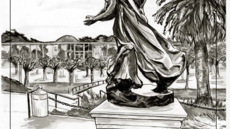 comic of statue in an empty park