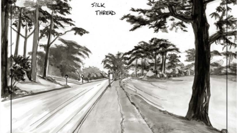comic of an empty, tree-lined street