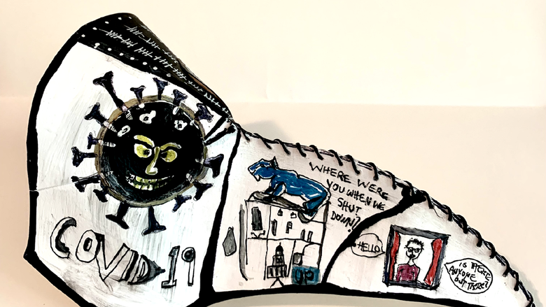 Illustration of a plague mask with comic style words and images drawn on it