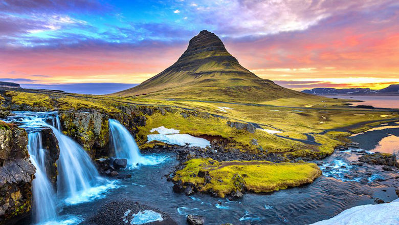 Iceland mountain and waterfall