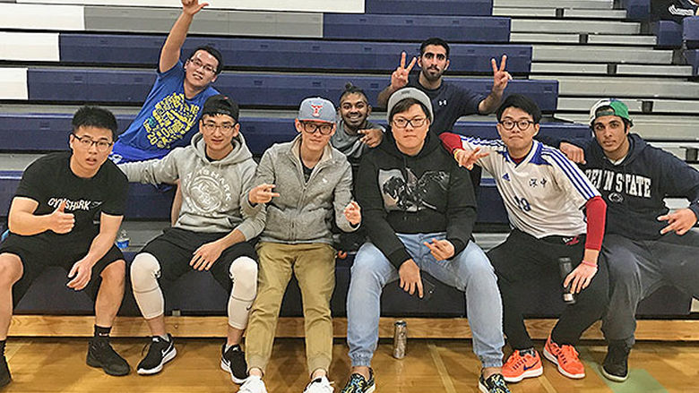 international students in gym
