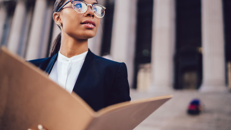 woman outside courthouse