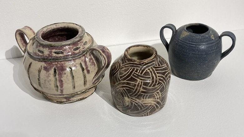 3 ceramic pots Left to Right: Ancient Pot, Sgraffito Pot, Blue Pot