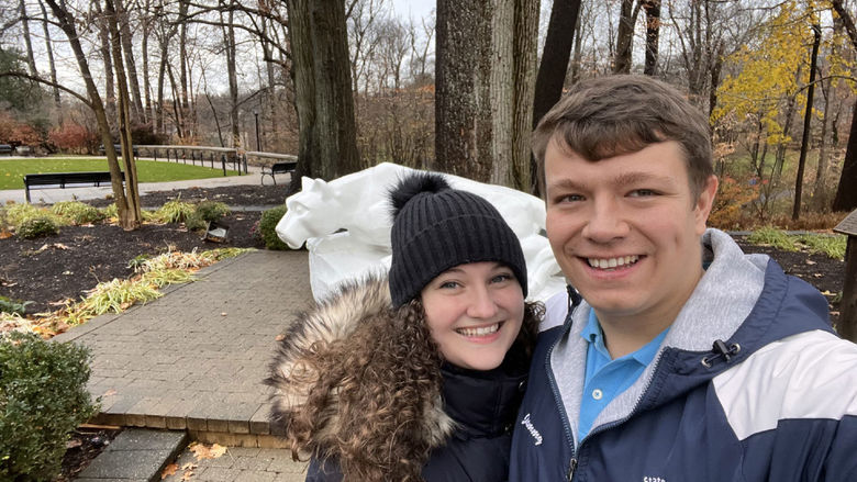 Aly Mullen and Jimmy Link at the lion shrine at Penn State Abington