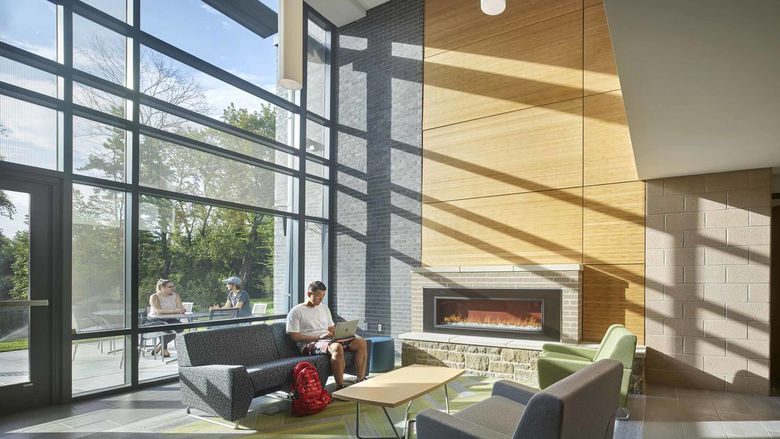 Penn State Abington Lions Gate first floor lounge with fireplace near Philadelphia