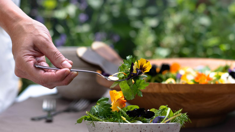 Salad in a bowl with a fork holding lettuce 