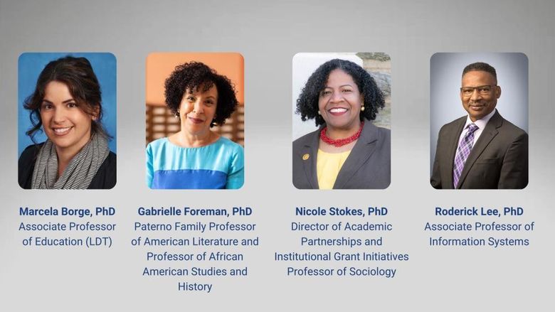 Grey-colored graphic with Penn State word mark in the corner and four headshots of the SSRI/CTSI fellows.