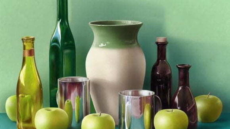 Still life of apples, bottles, vases