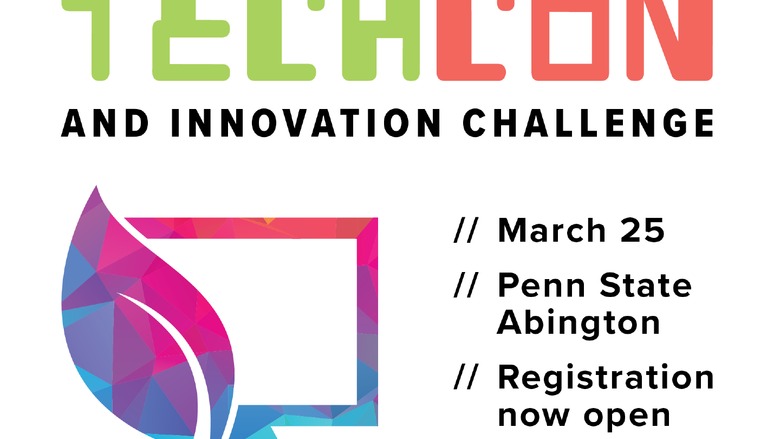 A graphic with a leaf alongside a computer with the text "TechCon and Innovation Challenge, March 25, Penn State Abington, Registration now open."