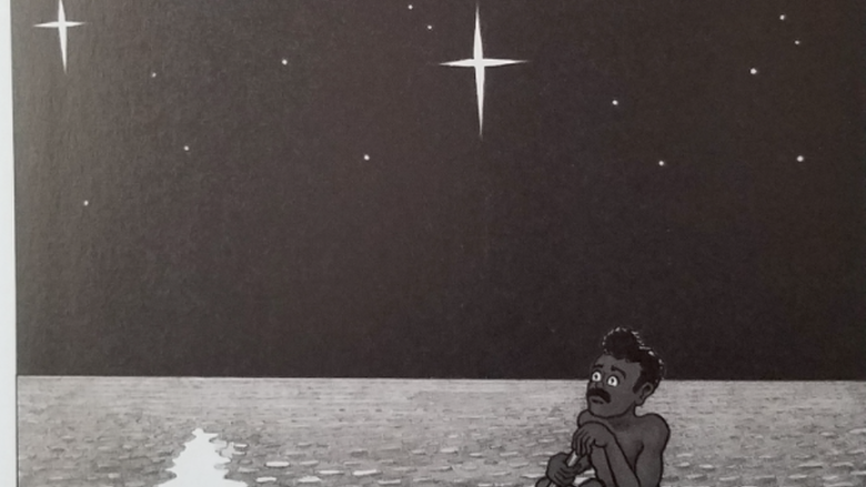 fisherman in small boat looks up at the moon