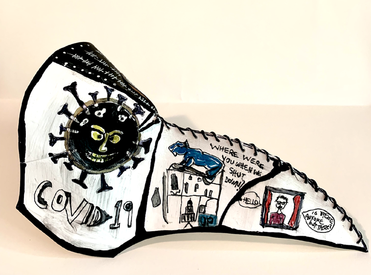 Illustration of a plague mask with comic style words and images drawn on it