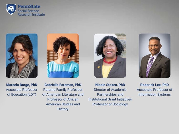 Grey-colored graphic with Penn State word mark in the corner and four headshots of the SSRI/CTSI fellows.